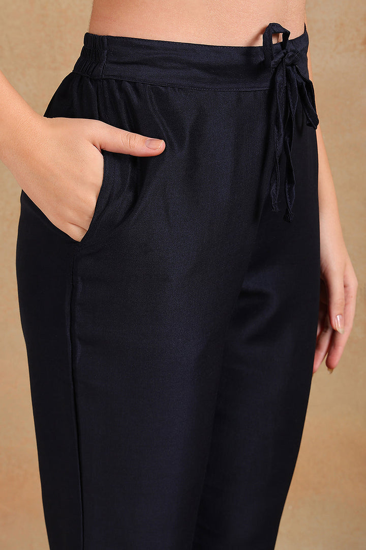 Navy Blue Silk Blend Floral Straight Suit Set  | SHOBITAM