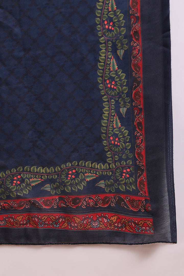 Navy Blue Silk Blend Floral Straight Suit Set  | SHOBITAM