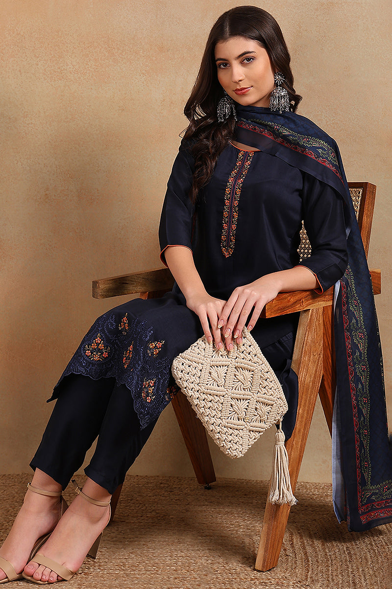 Navy Blue Silk Blend Floral Straight Suit Set  | SHOBITAM