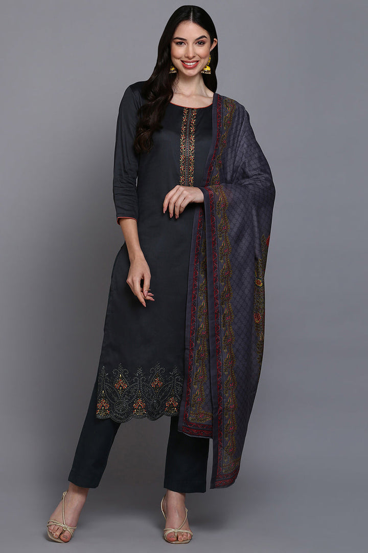 Silk Blend Grey Embroidered Straight Kurta Pant With Dupatta | SHOBITAM