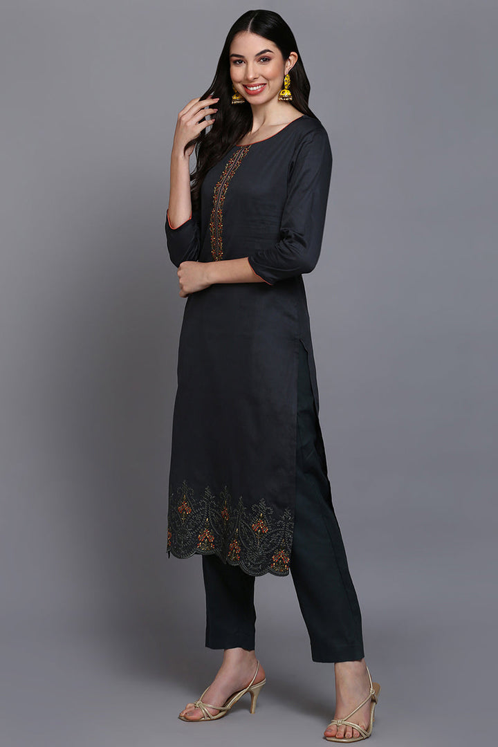 Silk Blend Grey Embroidered Straight Kurta Pant With Dupatta | SHOBITAM