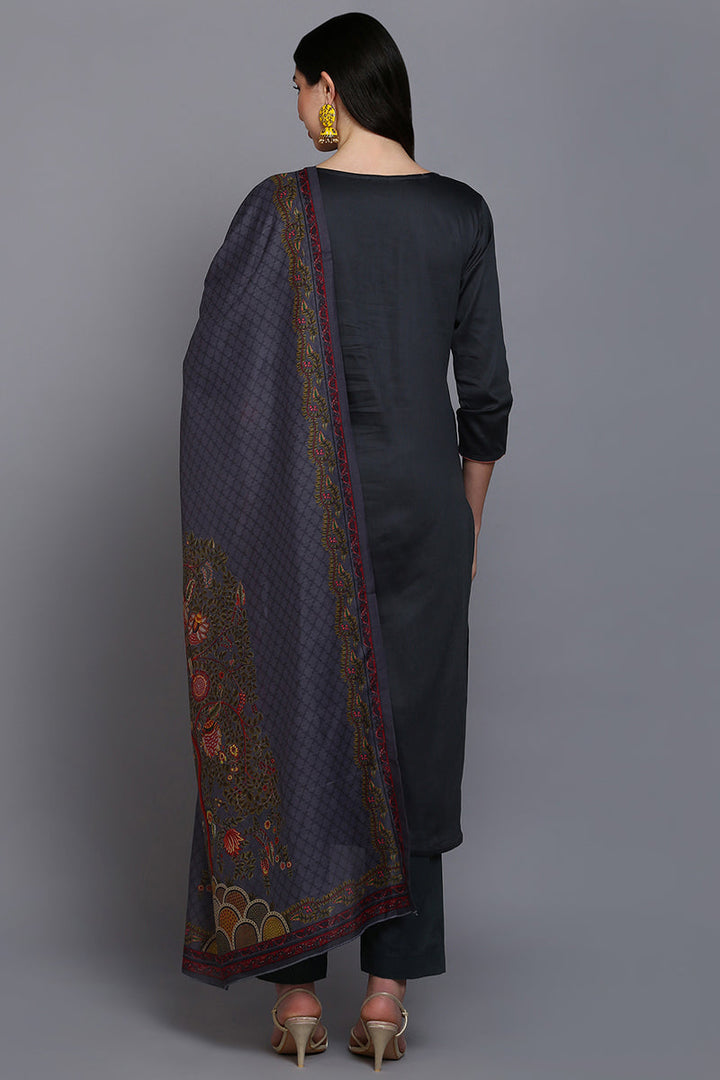 Silk Blend Grey Embroidered Straight Kurta Pant With Dupatta | SHOBITAM