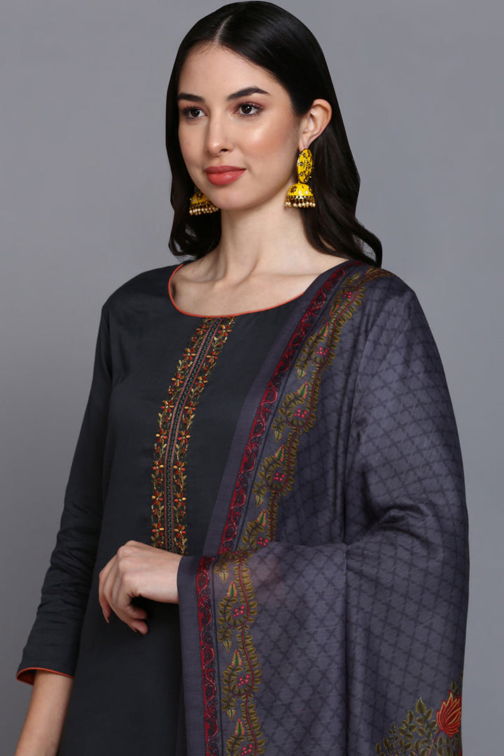 Silk Blend Grey Embroidered Straight Kurta Pant With Dupatta | SHOBITAM