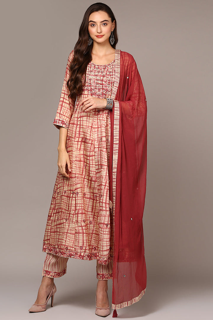 Red Silk Blend Abstract Printed Flared Suit Set | shobitam