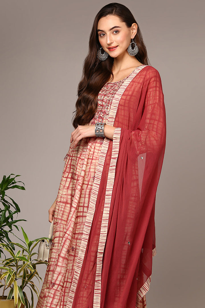 Red Silk Blend Abstract Printed Flared Suit Set | shobitam