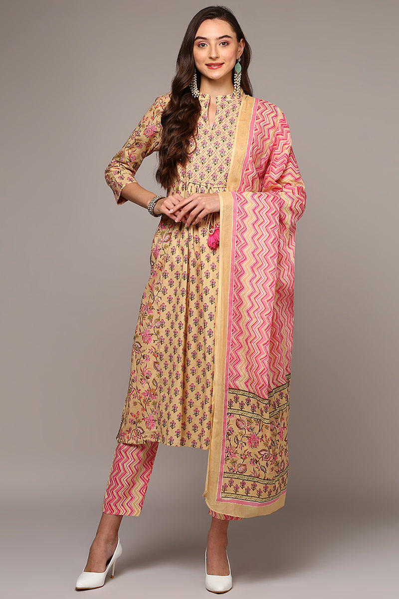 Cream Pure Cotton Printed Flared Suit Set  | SHOBITAM