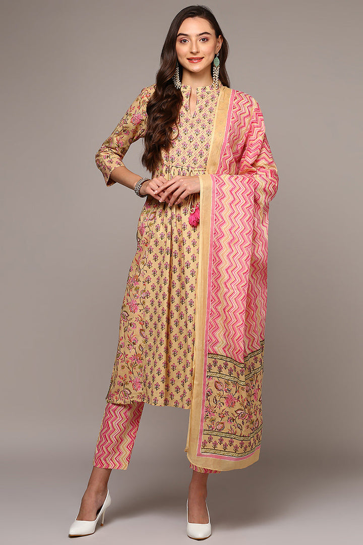 Cream Pure Cotton Printed Flared Suit Set  | SHOBITAM