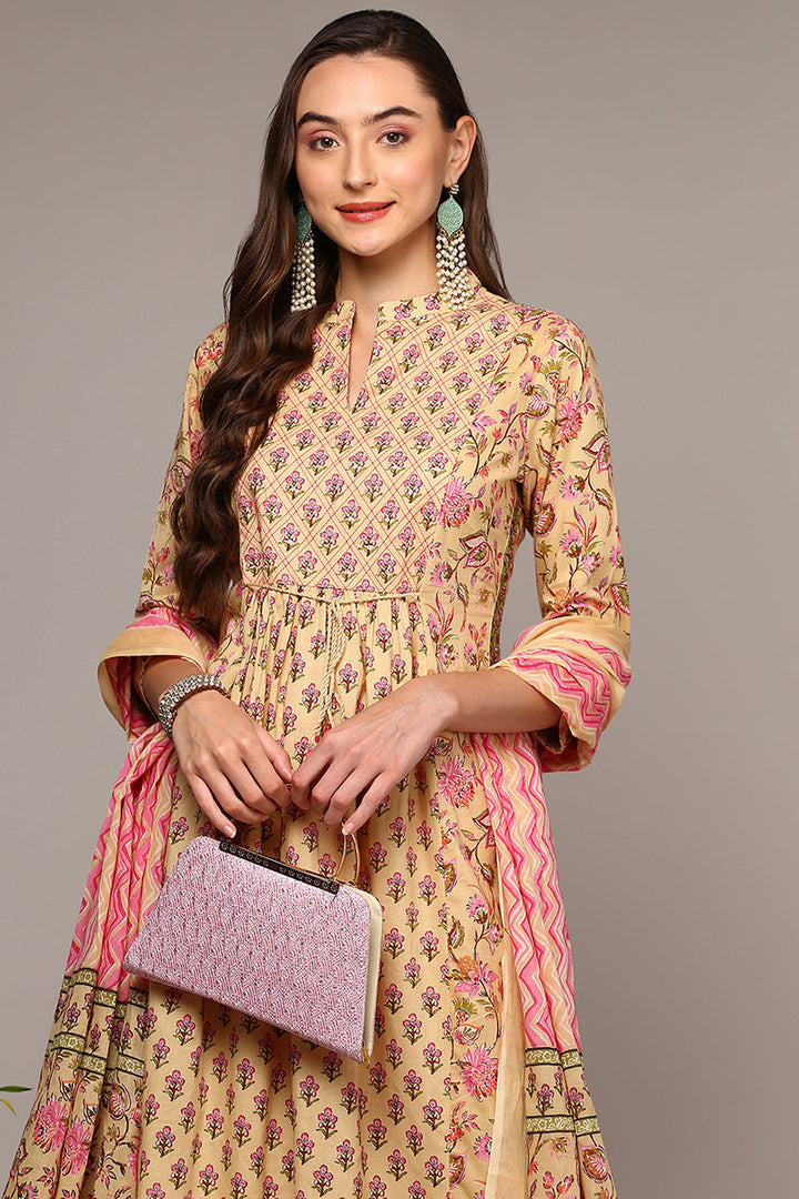 Cream Pure Cotton Printed Flared Suit Set  | SHOBITAM