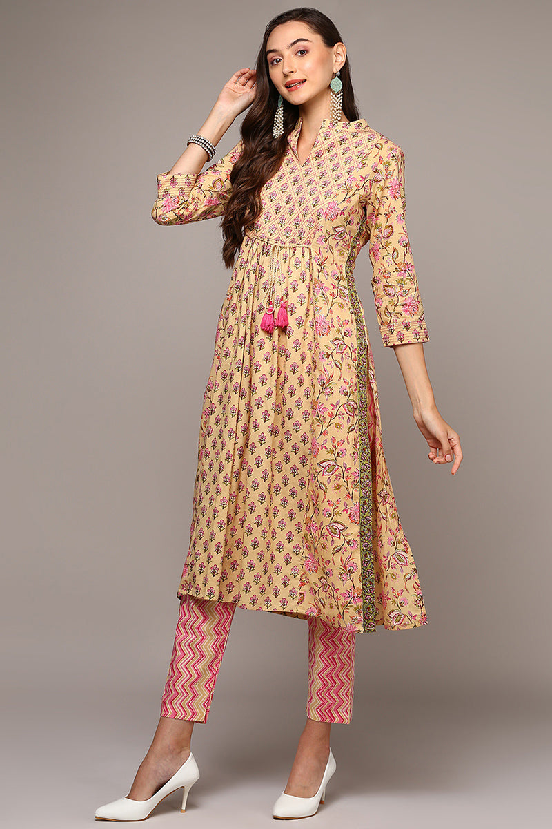 Cream Pure Cotton Printed Flared Suit Set  | SHOBITAM