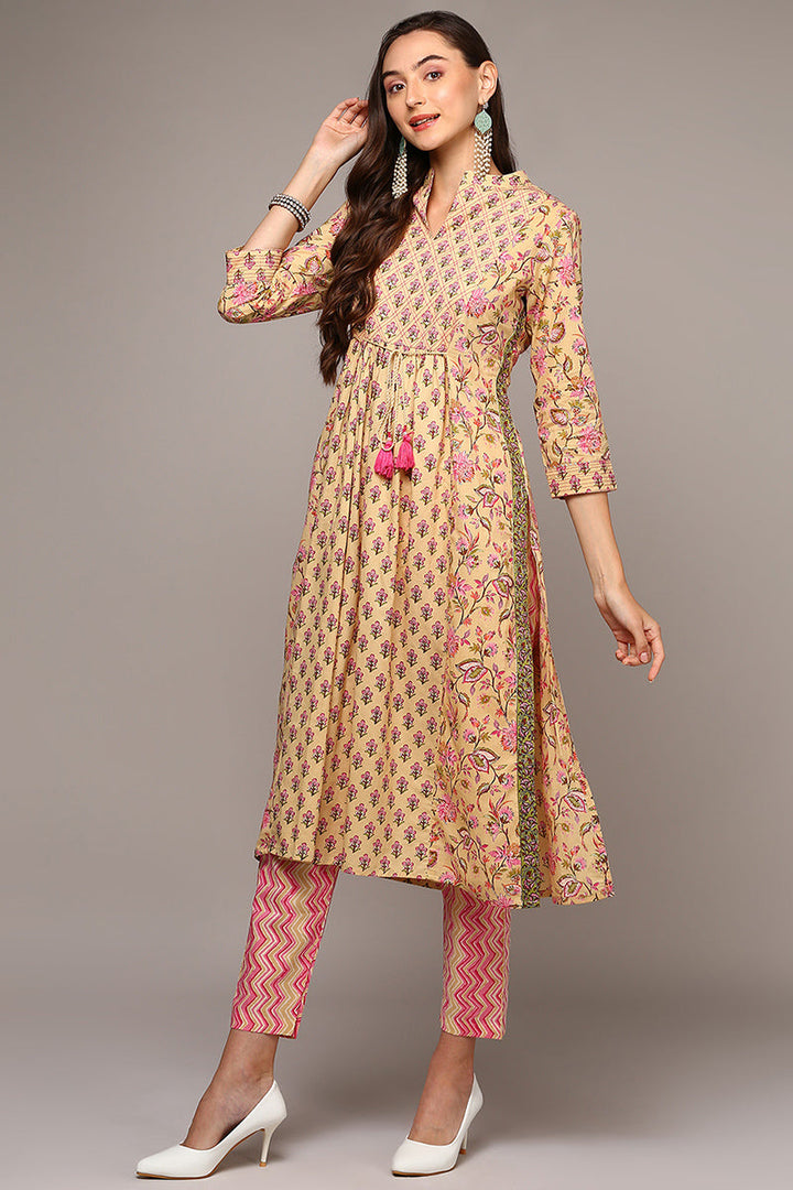 Cream Pure Cotton Printed Flared Suit Set  | SHOBITAM