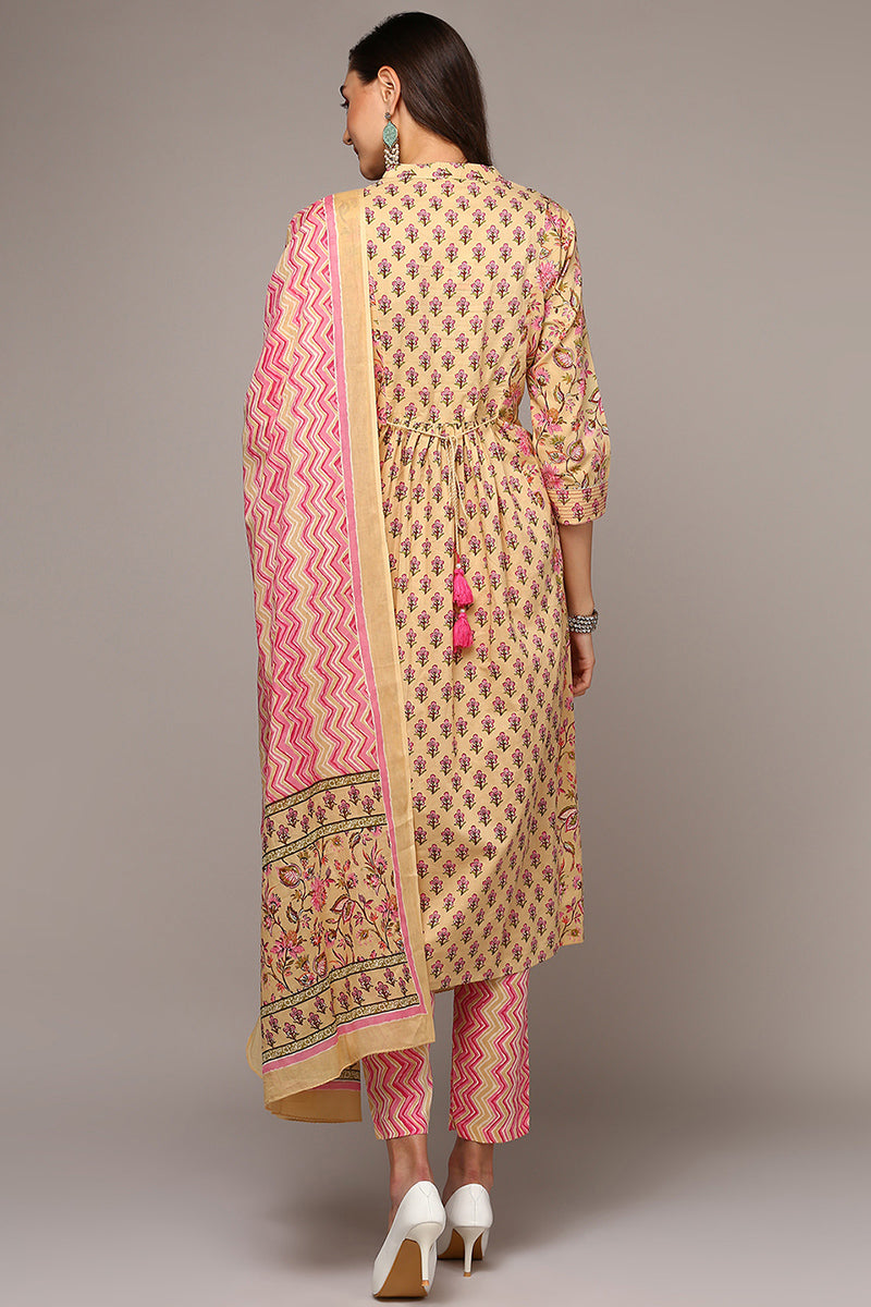 Cream Pure Cotton Printed Flared Suit Set  | SHOBITAM
