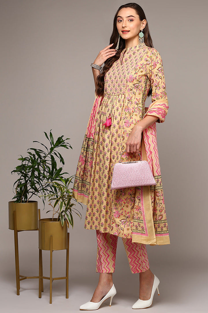 Cream Pure Cotton Printed Flared Suit Set  | SHOBITAM
