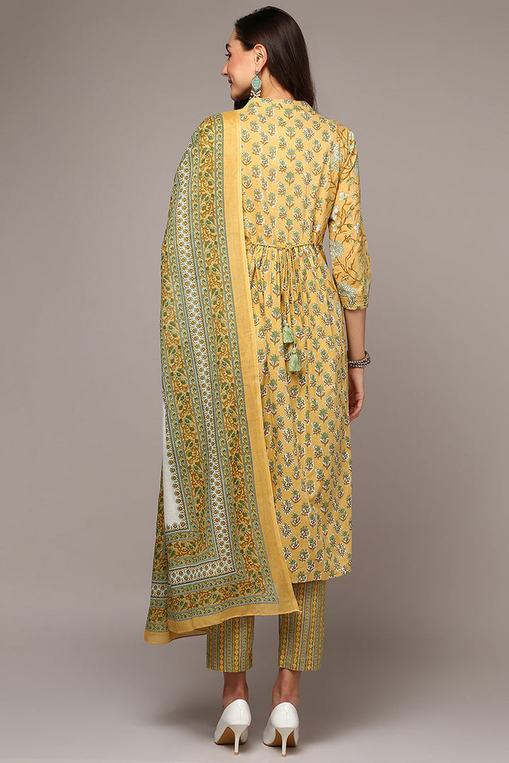 Yellow Pure Cotton Printed Flared Suit Set | SHOBITAM