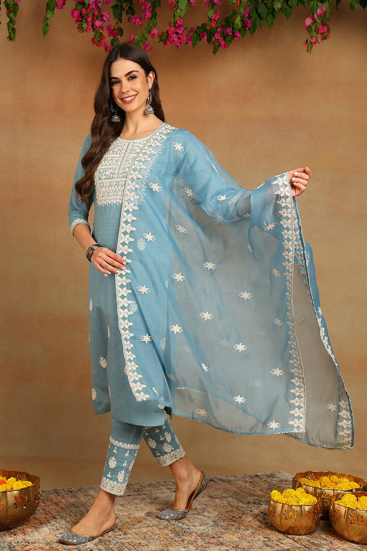 Blue Silk Blend Solid Embroidered Straight Trouser Suit Set | SHOBITAM