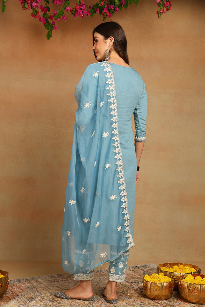 Blue Silk Blend Solid Embroidered Straight Trouser Suit Set | SHOBITAM
