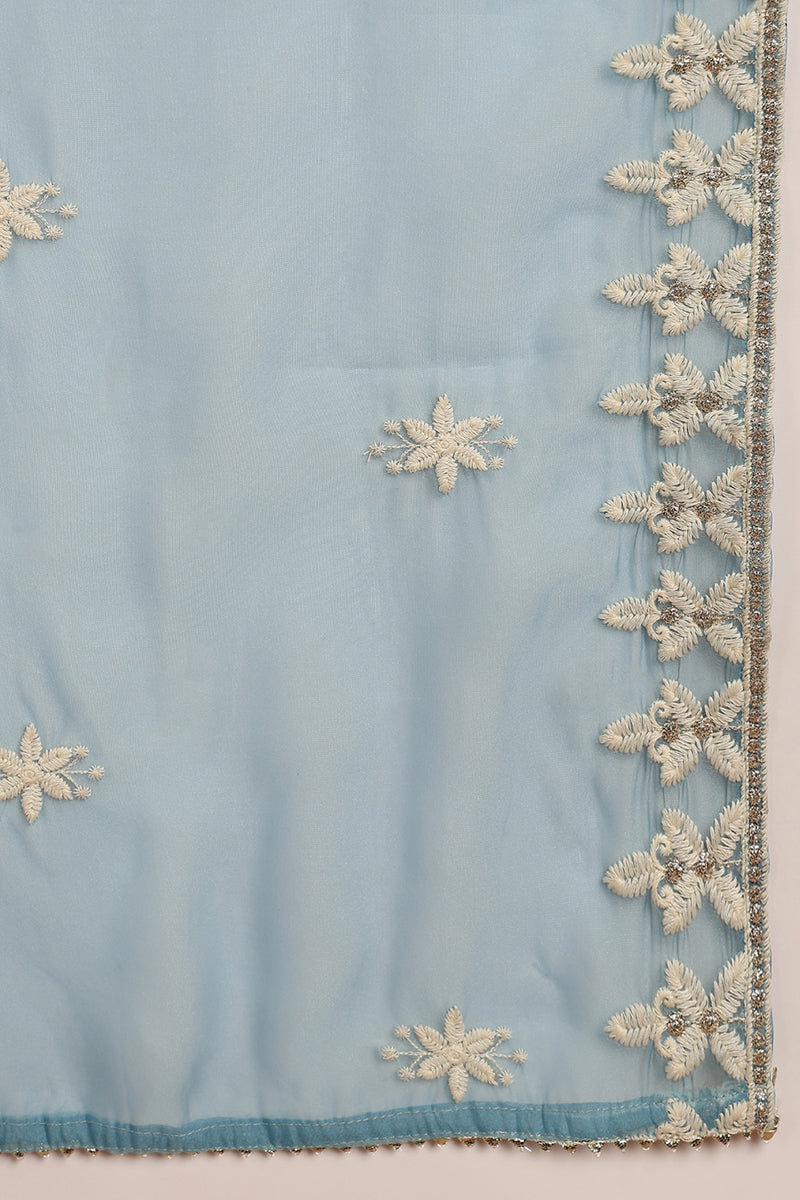 Blue Silk Blend Solid Embroidered Straight Trouser Suit Set | SHOBITAM