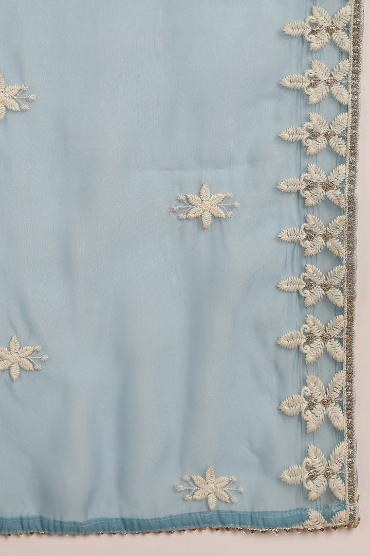 Blue Silk Blend Solid Embroidered Straight Trouser Suit Set | SHOBITAM