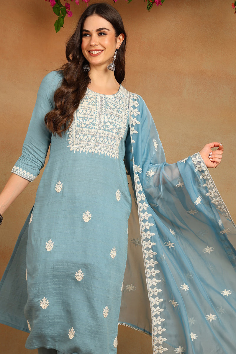 Blue Silk Blend Solid Embroidered Straight Trouser Suit Set | SHOBITAM