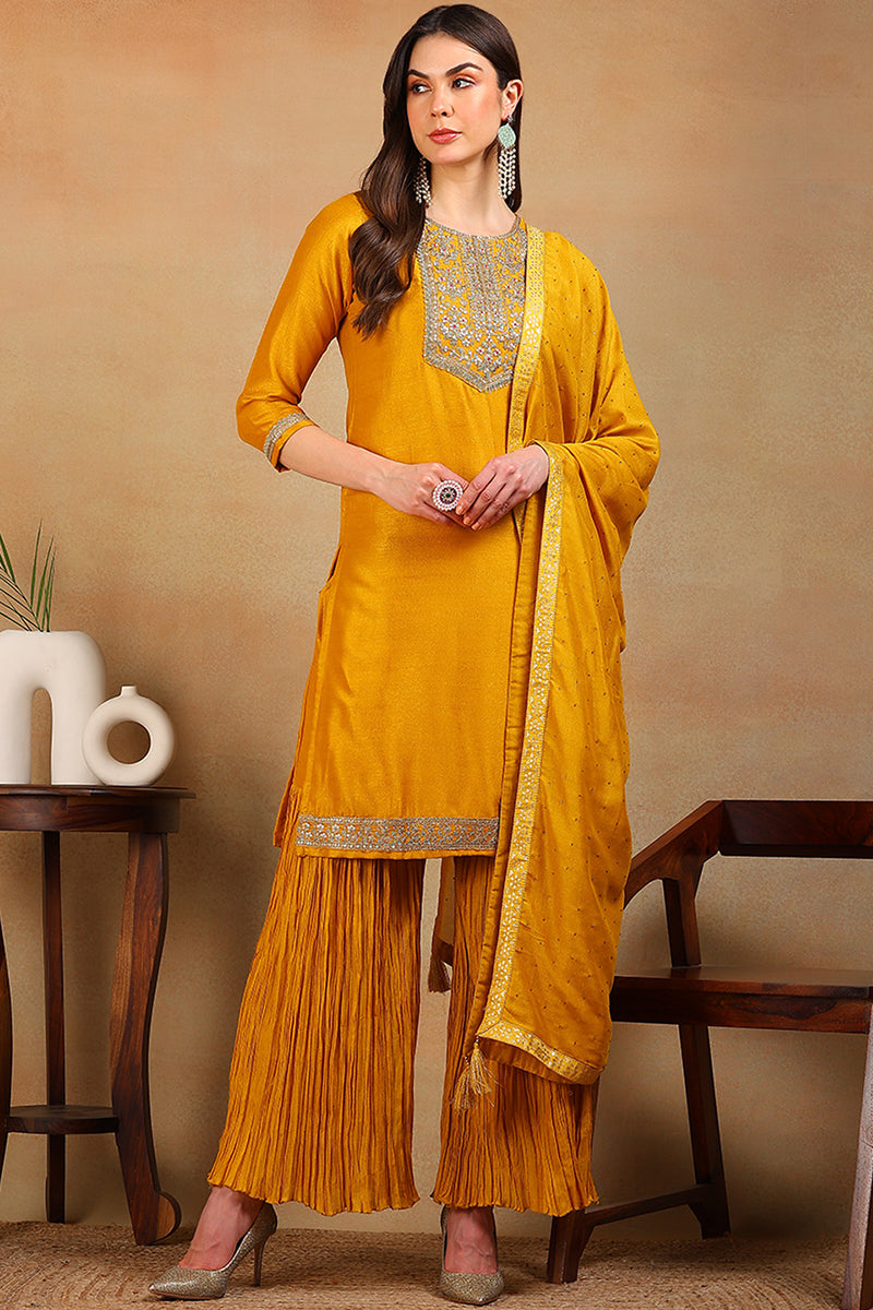 Yellow Silk Blend Solid Embroidered Straight Suit Set | SHOBITAM