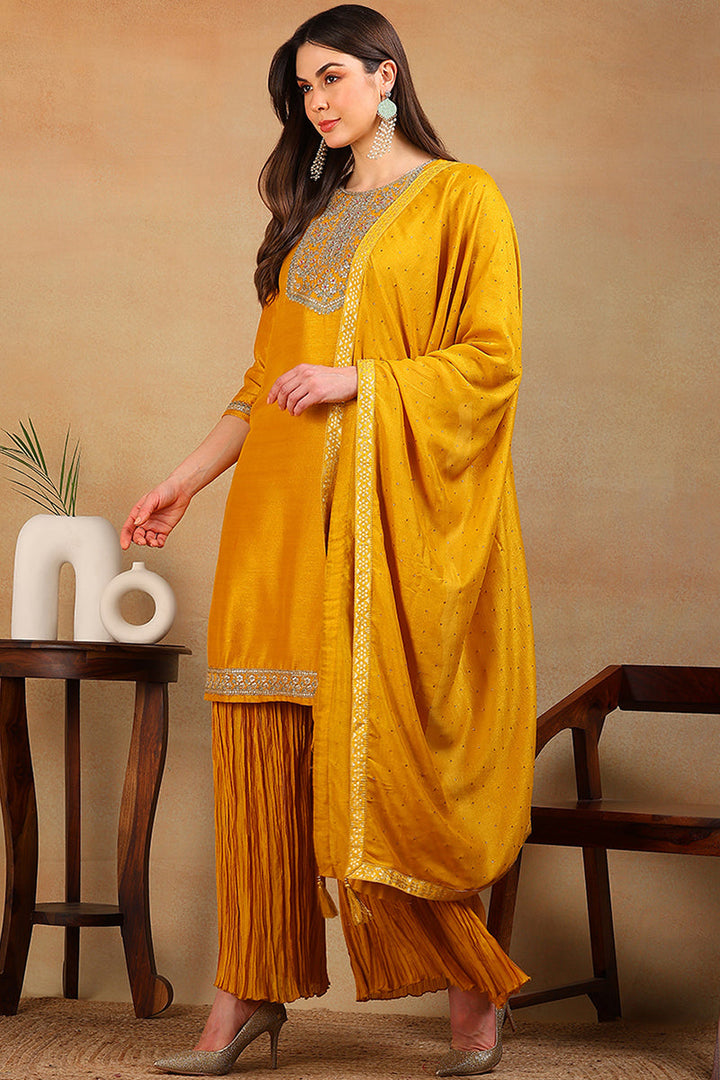 Yellow Silk Blend Solid Embroidered Straight Suit Set | SHOBITAM