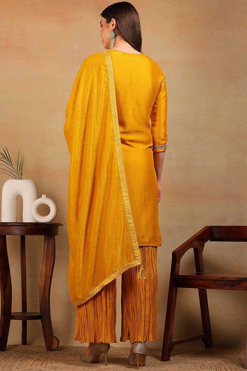 Yellow Silk Blend Solid Embroidered Straight Suit Set | SHOBITAM