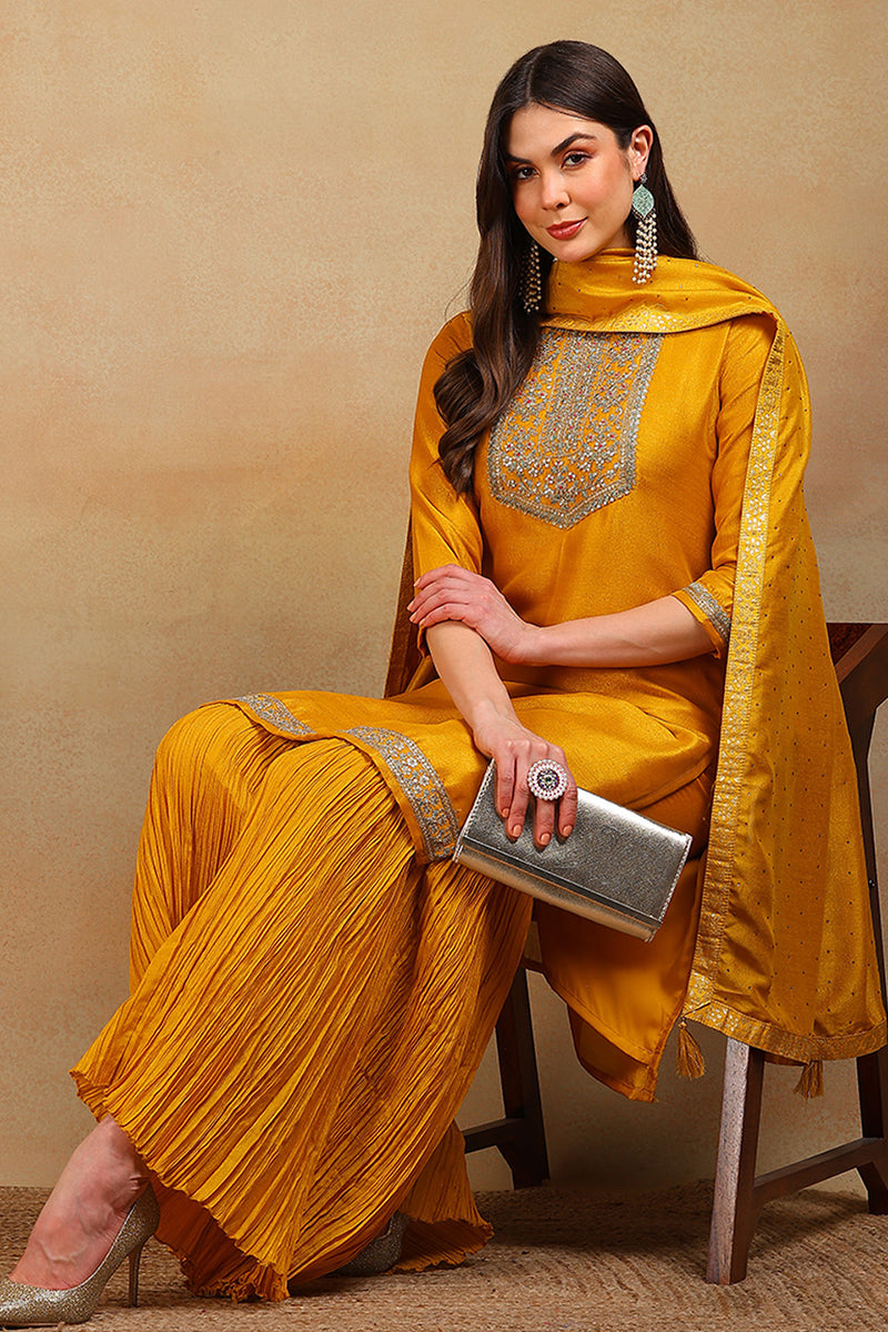 Yellow Silk Blend Solid Embroidered Straight Suit Set | SHOBITAM