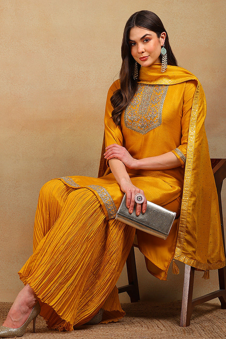 Yellow Silk Blend Solid Embroidered Straight Suit Set | SHOBITAM