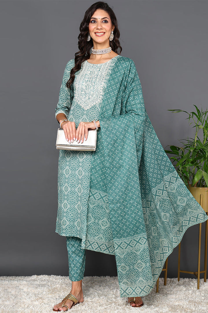 Green Pure Cotton Bandhani Printed Straight Suit Set | SHOBITAM
