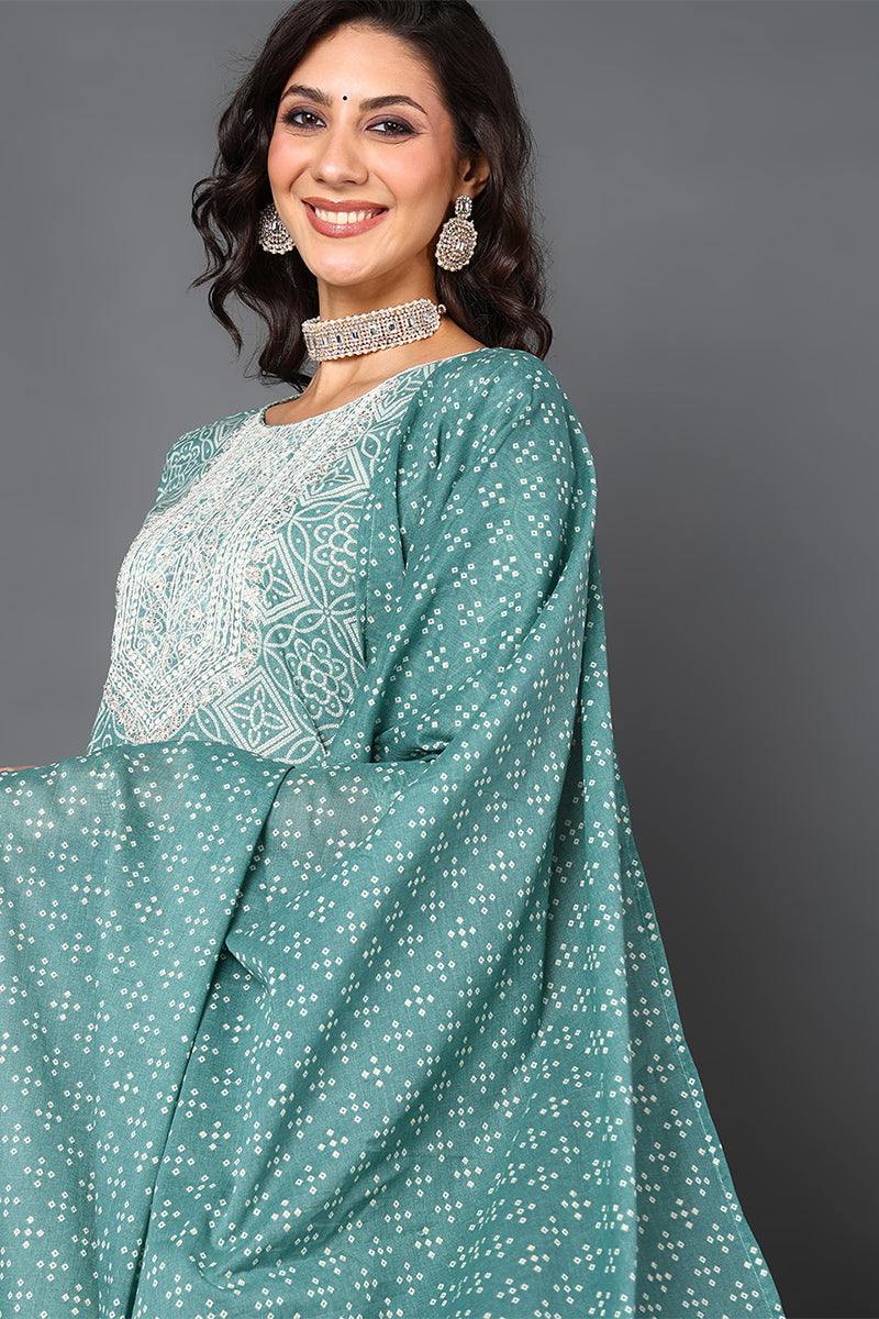 Green Pure Cotton Bandhani Printed Straight Suit Set | SHOBITAM