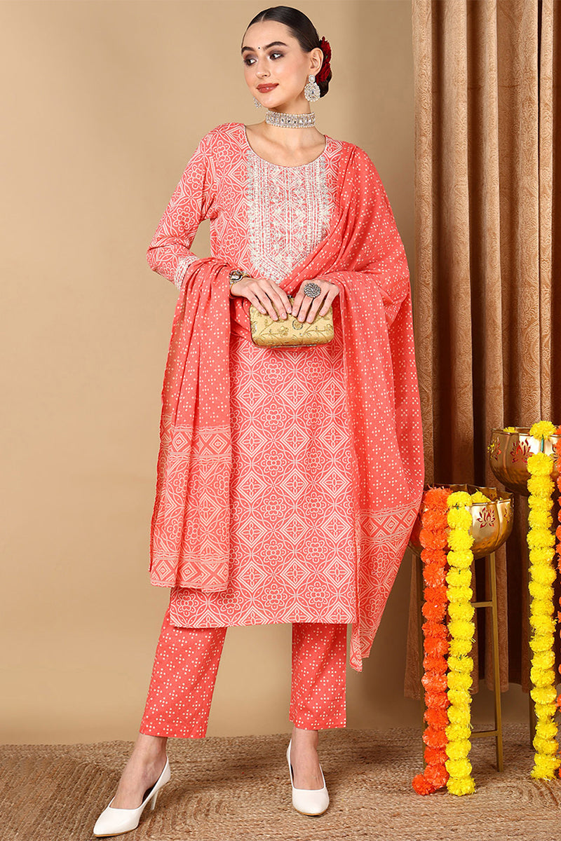 Peach Cotton Bandhani Printed Straight Suit Set | SHOBITAM