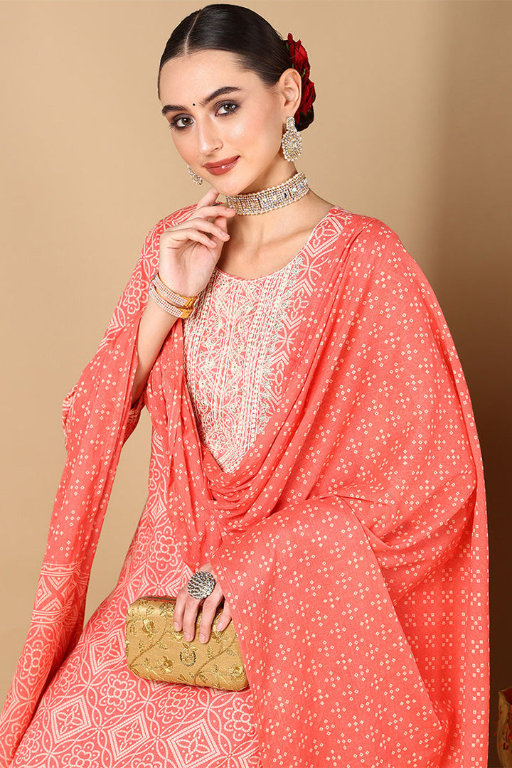 Peach Cotton Bandhani Printed Straight Suit Set | SHOBITAM