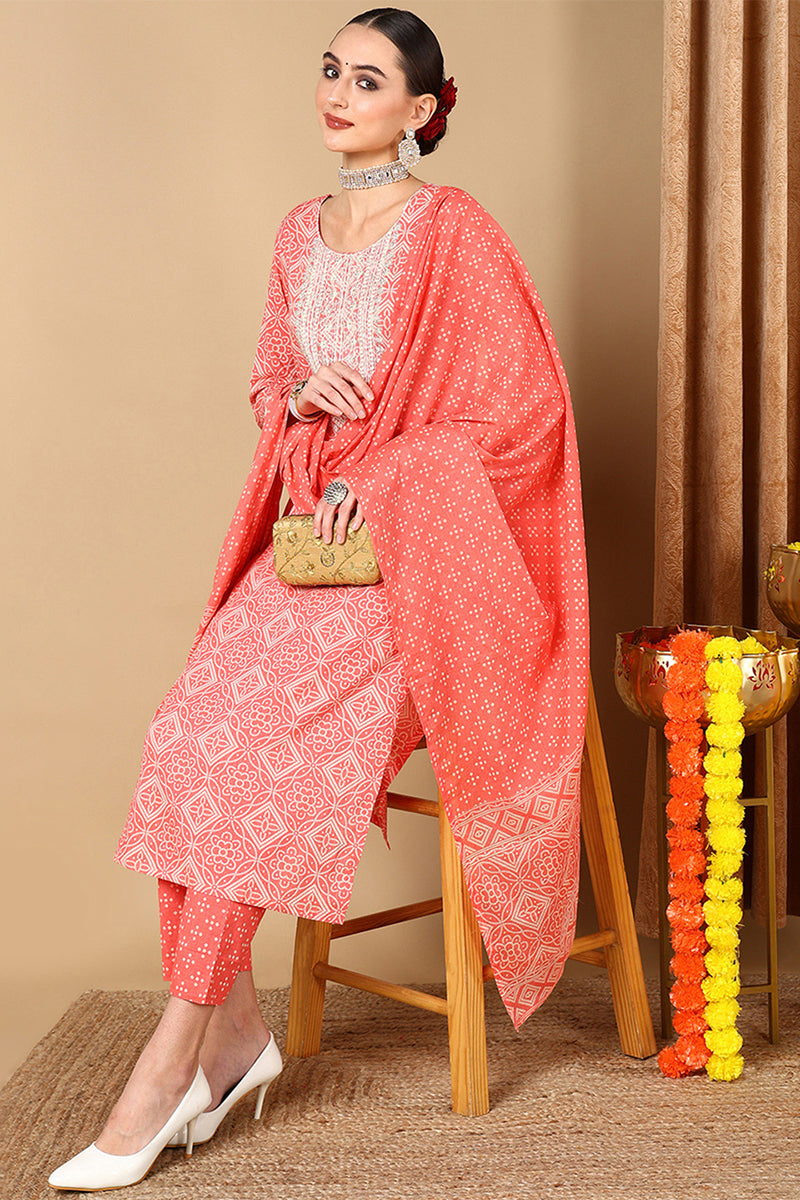 Peach Cotton Bandhani Printed Straight Suit Set | SHOBITAM