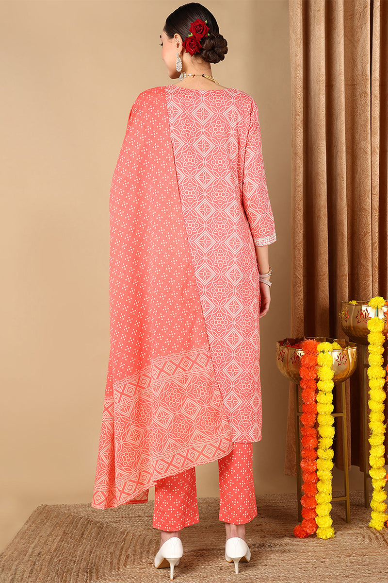 Peach Cotton Bandhani Printed Straight Suit Set | SHOBITAM
