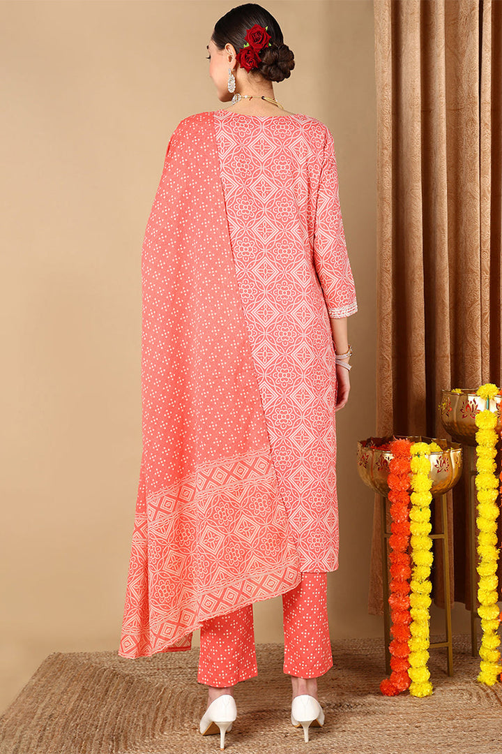 Peach Cotton Bandhani Printed Straight Suit Set | SHOBITAM