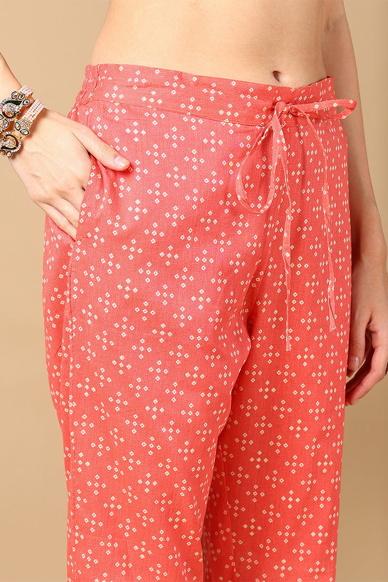 Peach Cotton Bandhani Printed Straight Suit Set | SHOBITAM