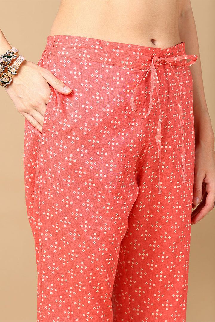 Peach Cotton Bandhani Printed Straight Suit Set | SHOBITAM