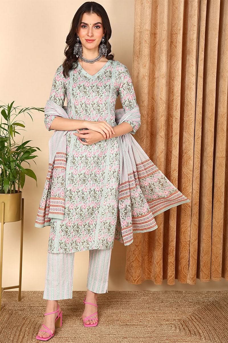 Sea Green Pure Cotton Floral Printed Straight Suit Set | SHOBITAM