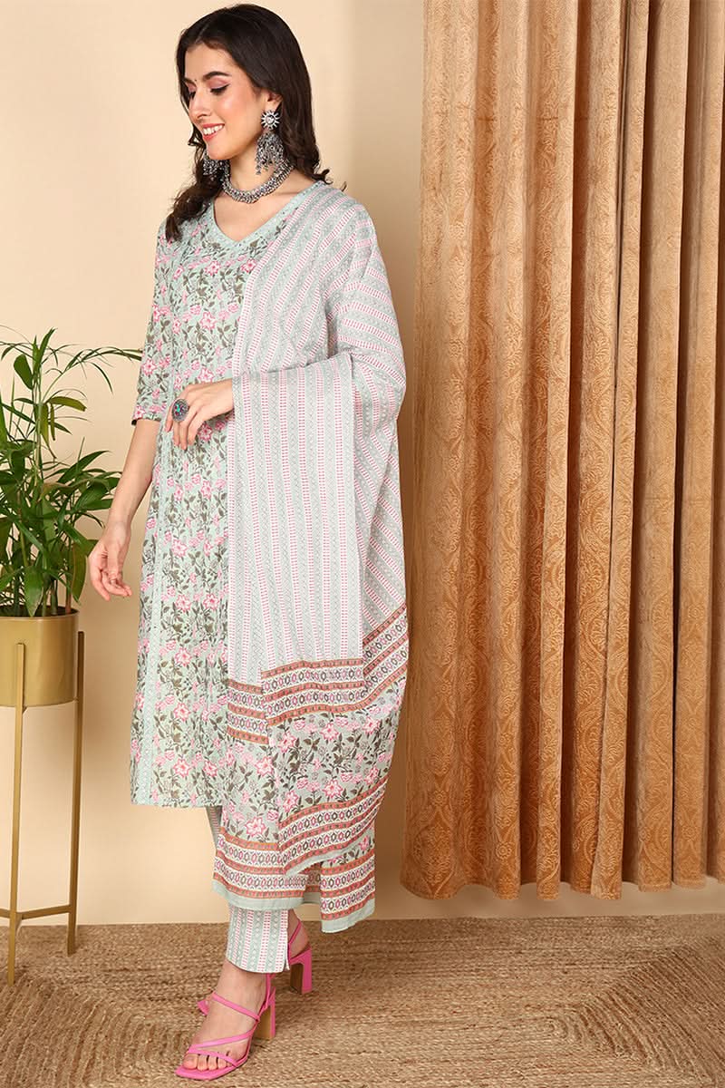 Plus Size Sea Green Pure Cotton Floral Printed Straight Suit Set | SHOBITAM