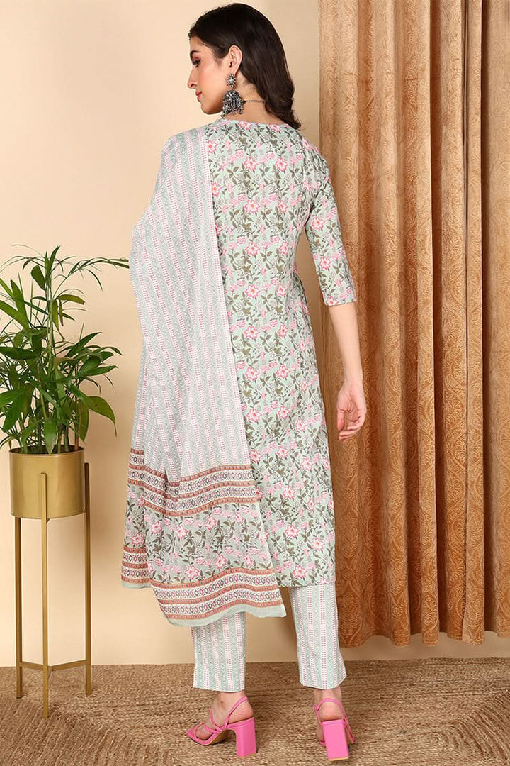 Plus Size Sea Green Pure Cotton Floral Printed Straight Suit Set | SHOBITAM