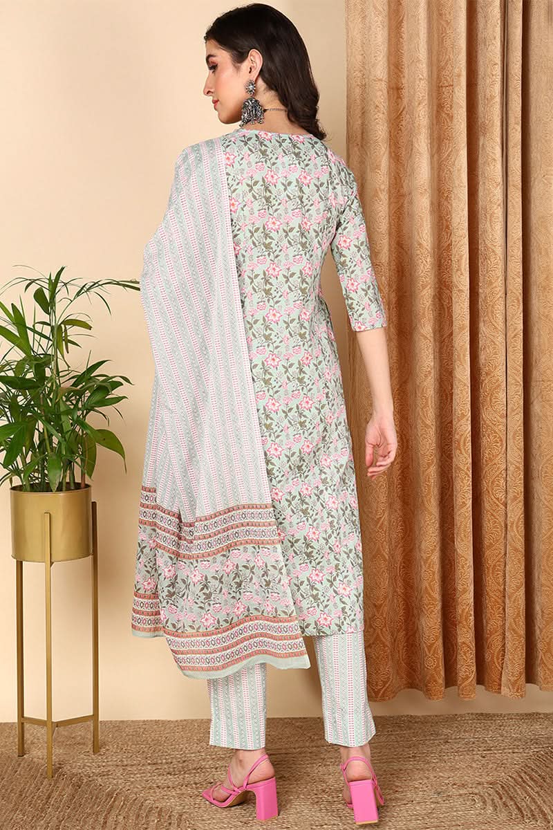 Sea Green Pure Cotton Floral Printed Straight Suit Set | SHOBITAM