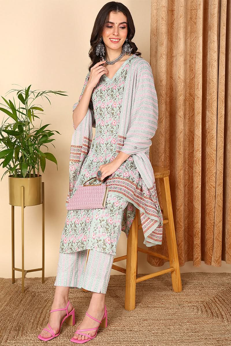 Sea Green Pure Cotton Floral Printed Straight Suit Set | SHOBITAM