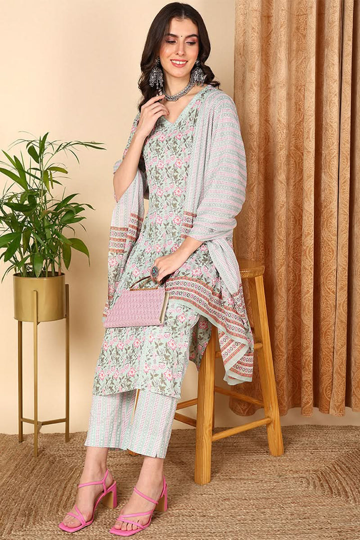 Sea Green Pure Cotton Floral Printed Straight Suit Set | SHOBITAM