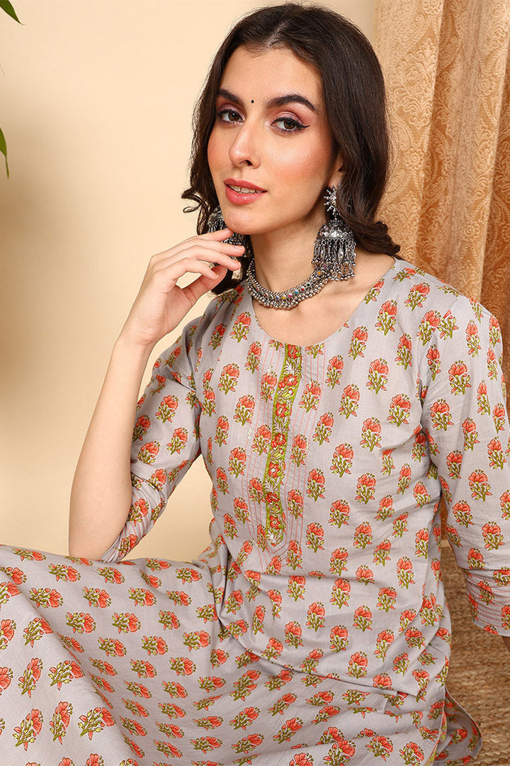 Grey Pure Cotton Ethnic Motifs Printed Straight Suit Set | SHOBITAM