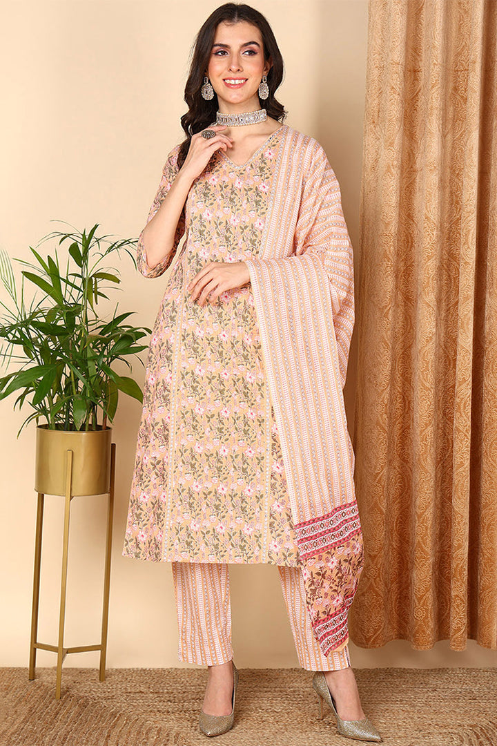 Peach Pure Cotton Floral Printed Straight Suit Set | SHOBITAM