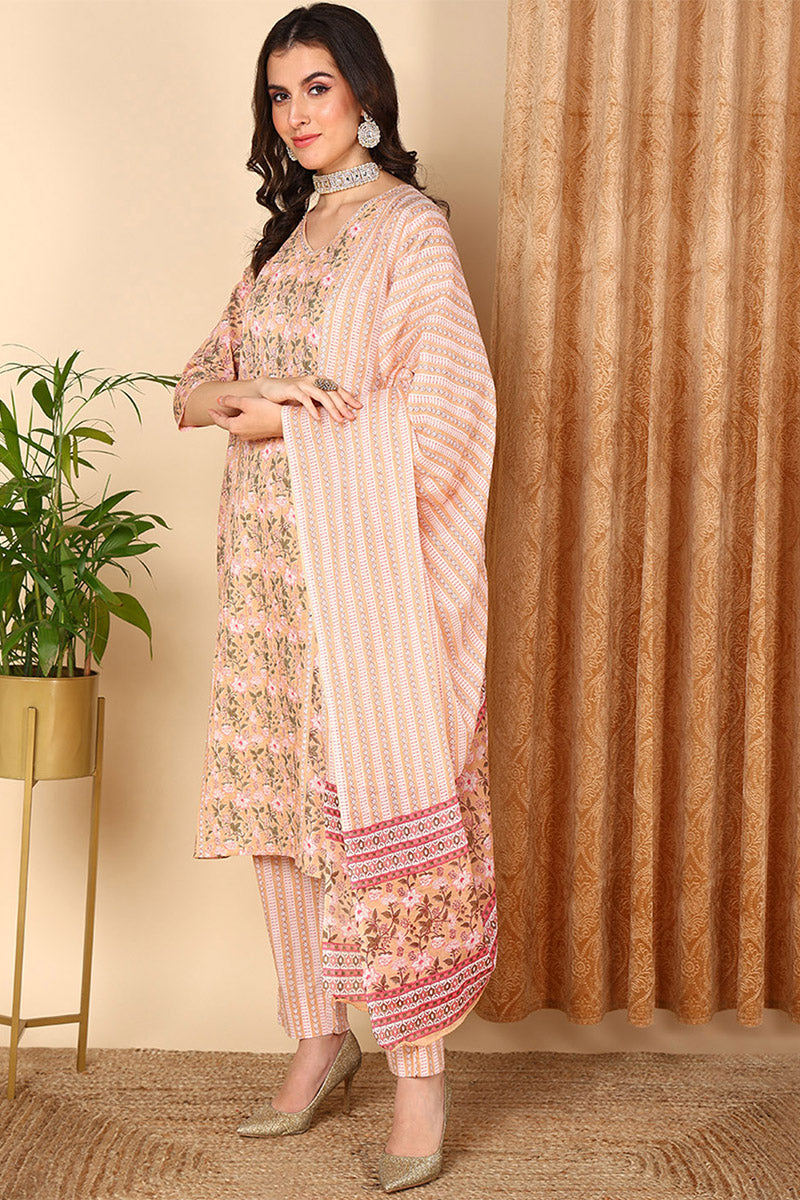 Peach Pure Cotton Floral Printed Straight Suit Set | SHOBITAM