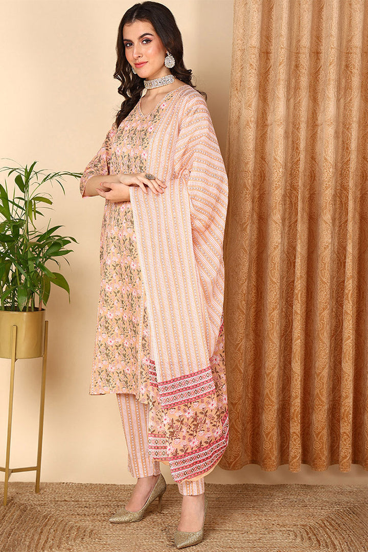 Peach Pure Cotton Floral Printed Straight Suit Set | SHOBITAM