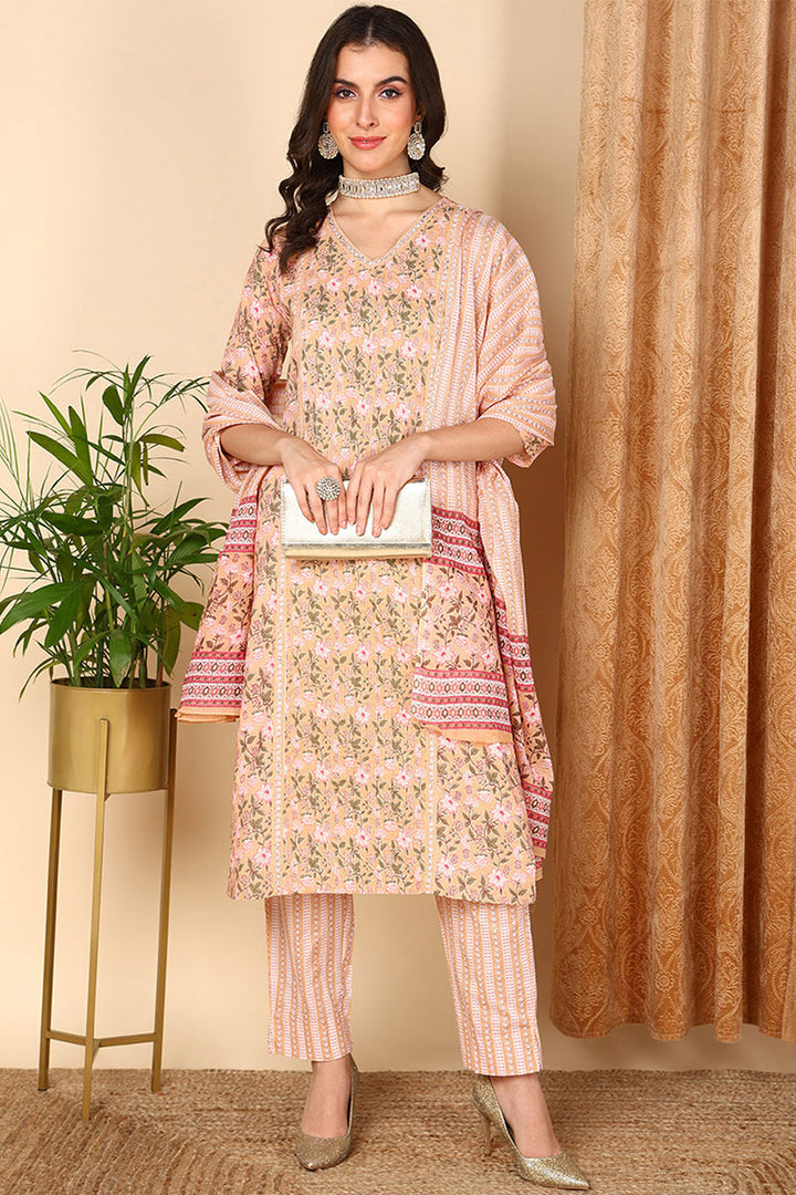 Peach Pure Cotton Floral Printed Straight Suit Set | SHOBITAM