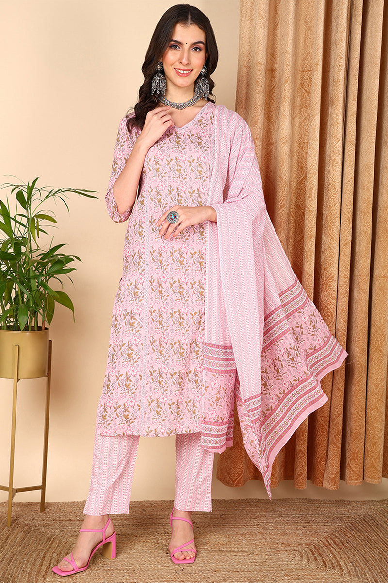 Plus Size Pink Pure Cotton Floral Printed Straight Suit Set | SHOBITAM
