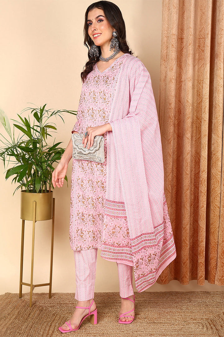 Plus Size Pink Pure Cotton Floral Printed Straight Suit Set | SHOBITAM