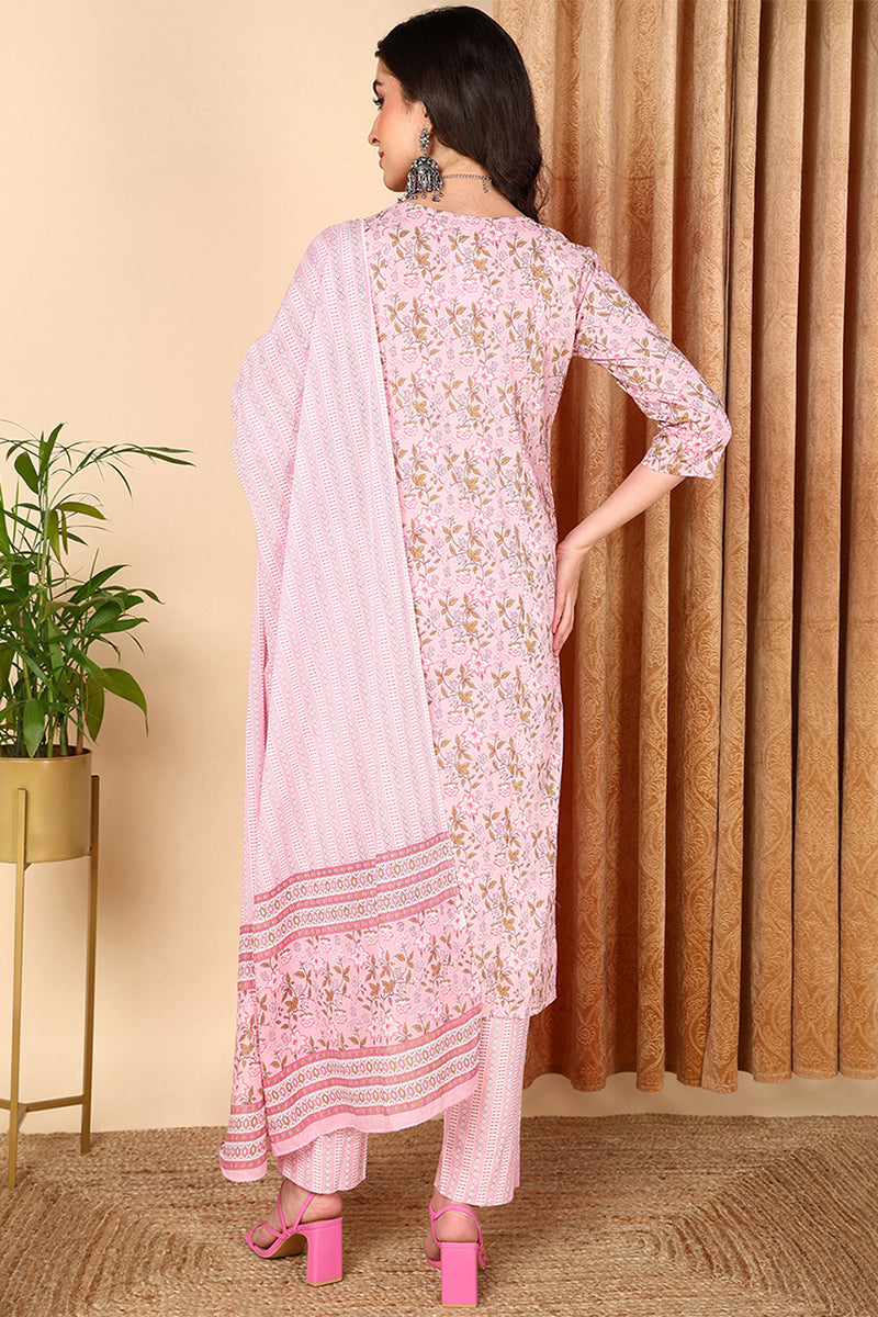 Plus Size Pink Pure Cotton Floral Printed Straight Suit Set | SHOBITAM